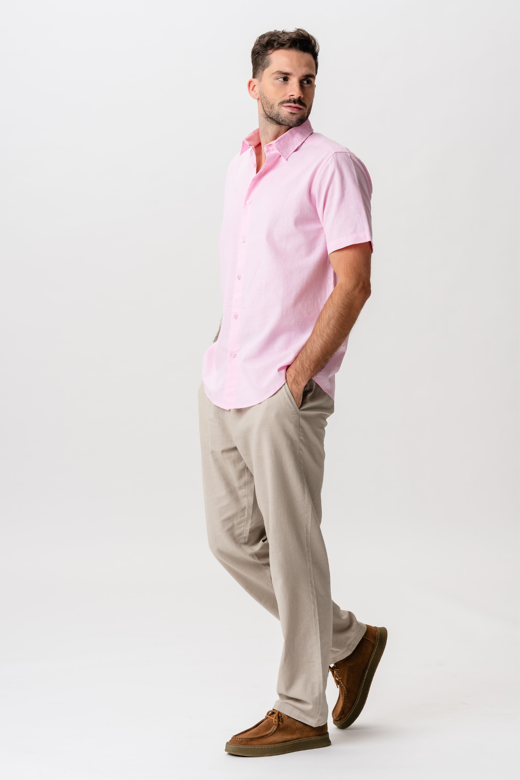 Kortärmad Linneskjorta - Ljus Röd