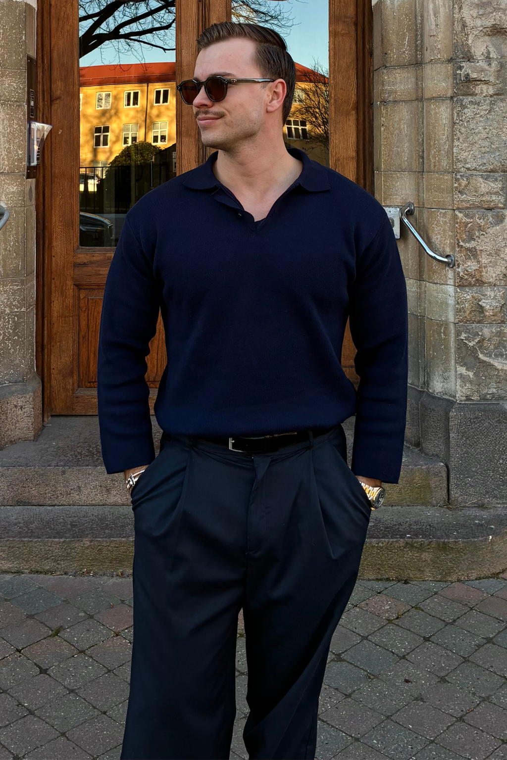 Stickad Långärmad Pikétröja - Navy