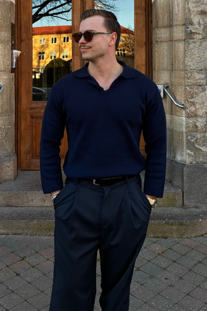 Stickad Långärmad Pikétröja - Navy