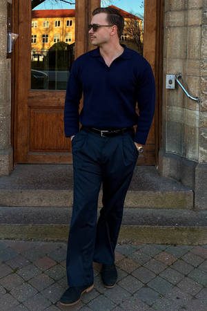 Stickad Långärmad Pikétröja - Navy