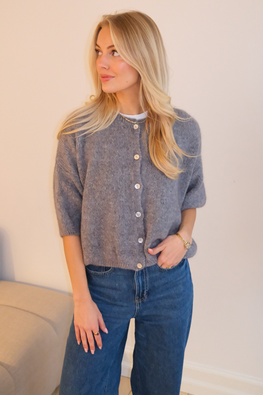 Mary Kortärmad Stickad Tröja - Grå