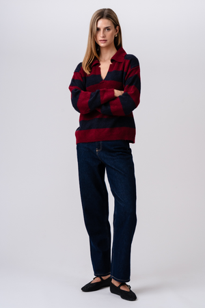 Nora Stickad Tröja - Vinröd/Mörkblå
