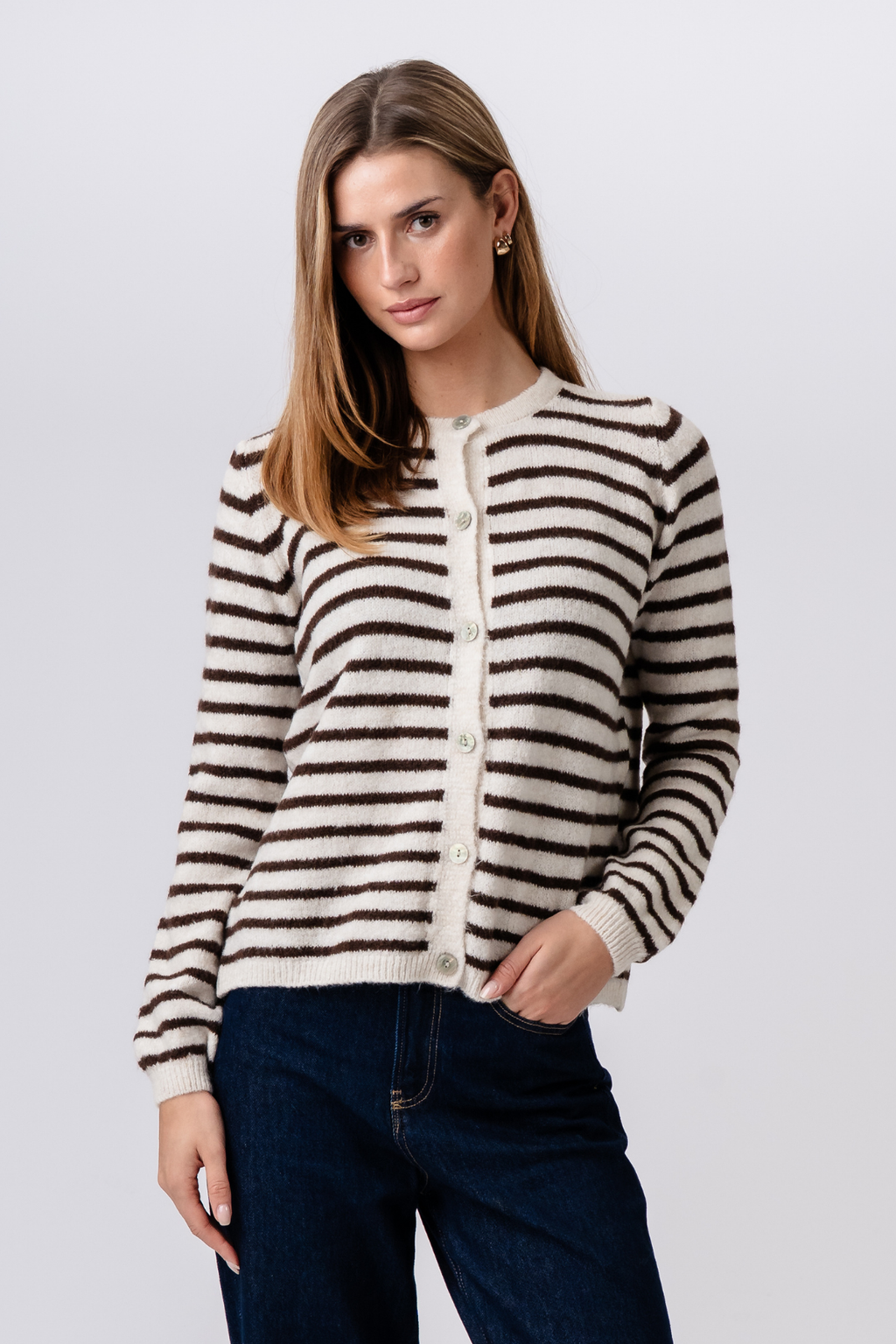Crizette Randig Stickad Cardigan - Off White/Brun
