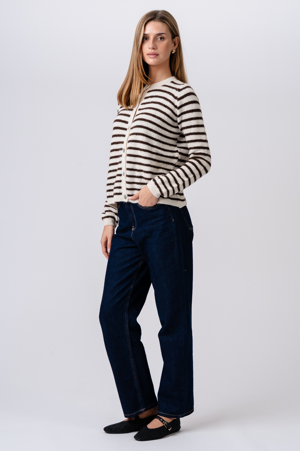 Crizette Randig Stickad Cardigan - Off White/Brun