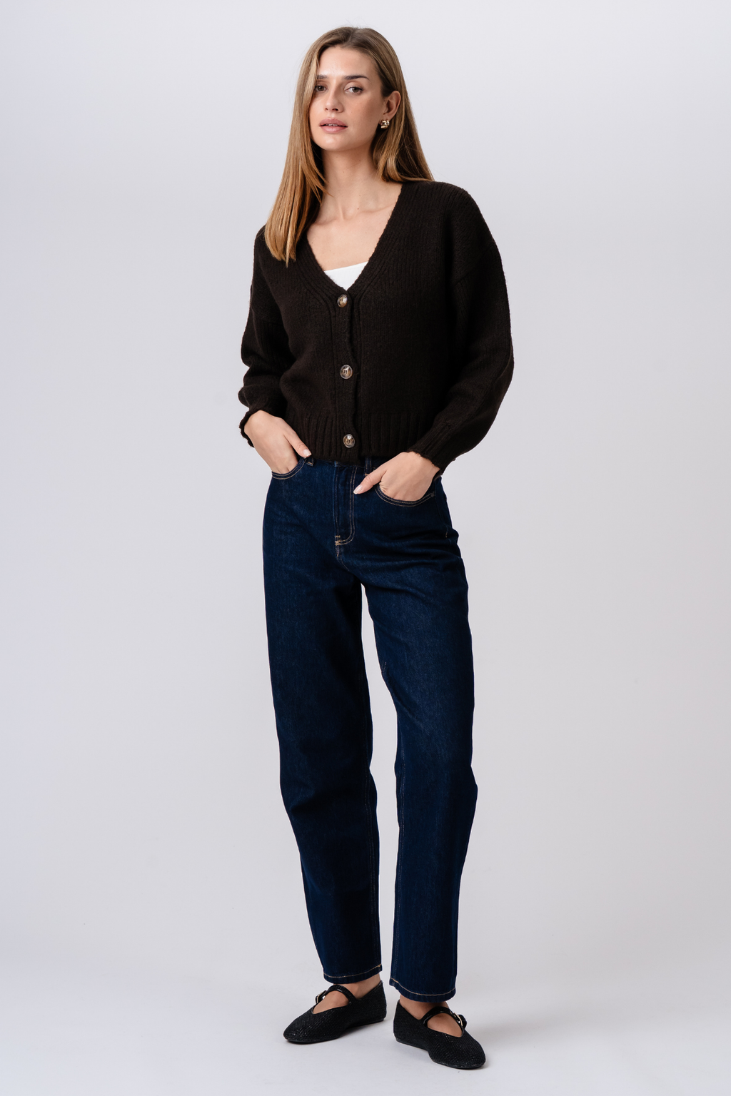 V-ringad Cardigan - Brun