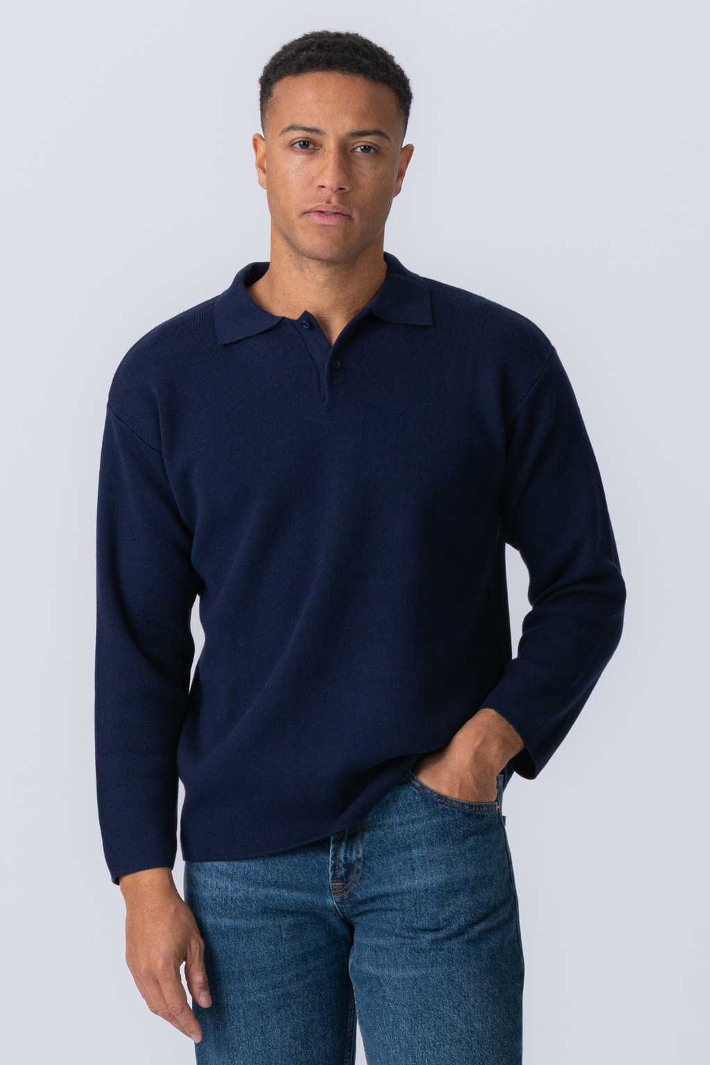Stickad Långärmad Pikétröja - Navy