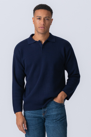 Stickad Långärmad Pikétröja - Navy