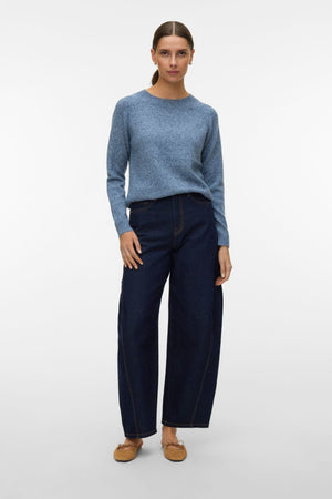Doffy O-Neck Blus - Mörk Denim med Vit Melange