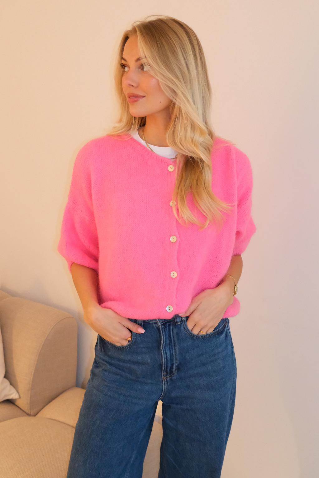 Mary Kortärmad Stickad Tröja - Baby Pink