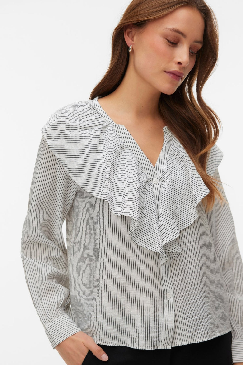 Kaja V-Neck Frill Shirt - Snow White Amanda Black