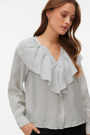 Kaja V-Neck Frill Shirt - Snow White Amanda Black
