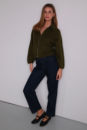 Selma Stickad Tröja med Dragkedja - Khaki