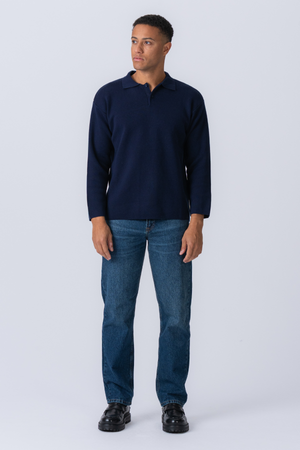 Stickad Långärmad Pikétröja - Navy