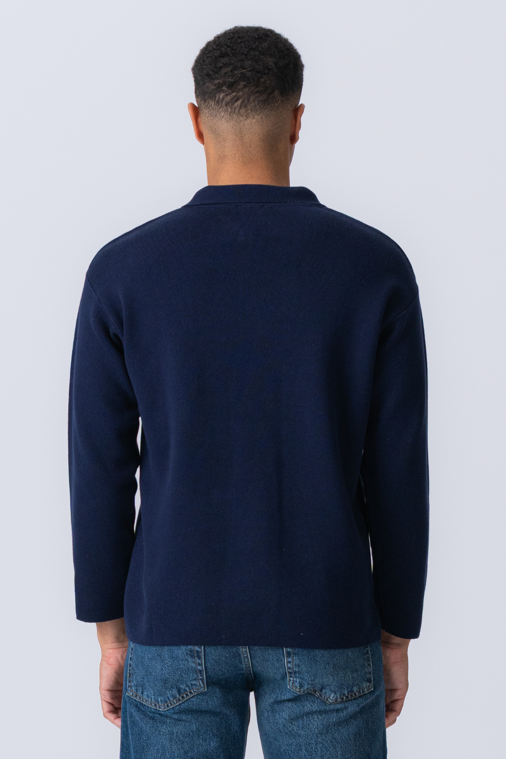 Stickad Långärmad Pikétröja - Navy