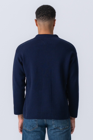 Stickad Långärmad Pikétröja - Navy