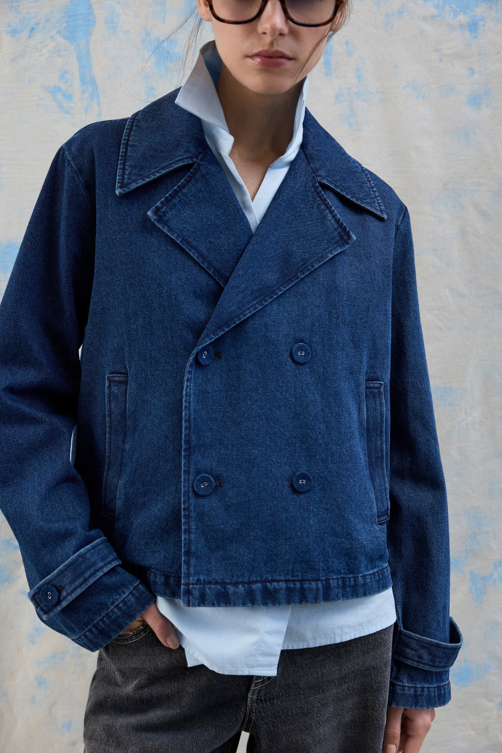 Nata Kort Denim Trenchcoat - Mörkblå Denim