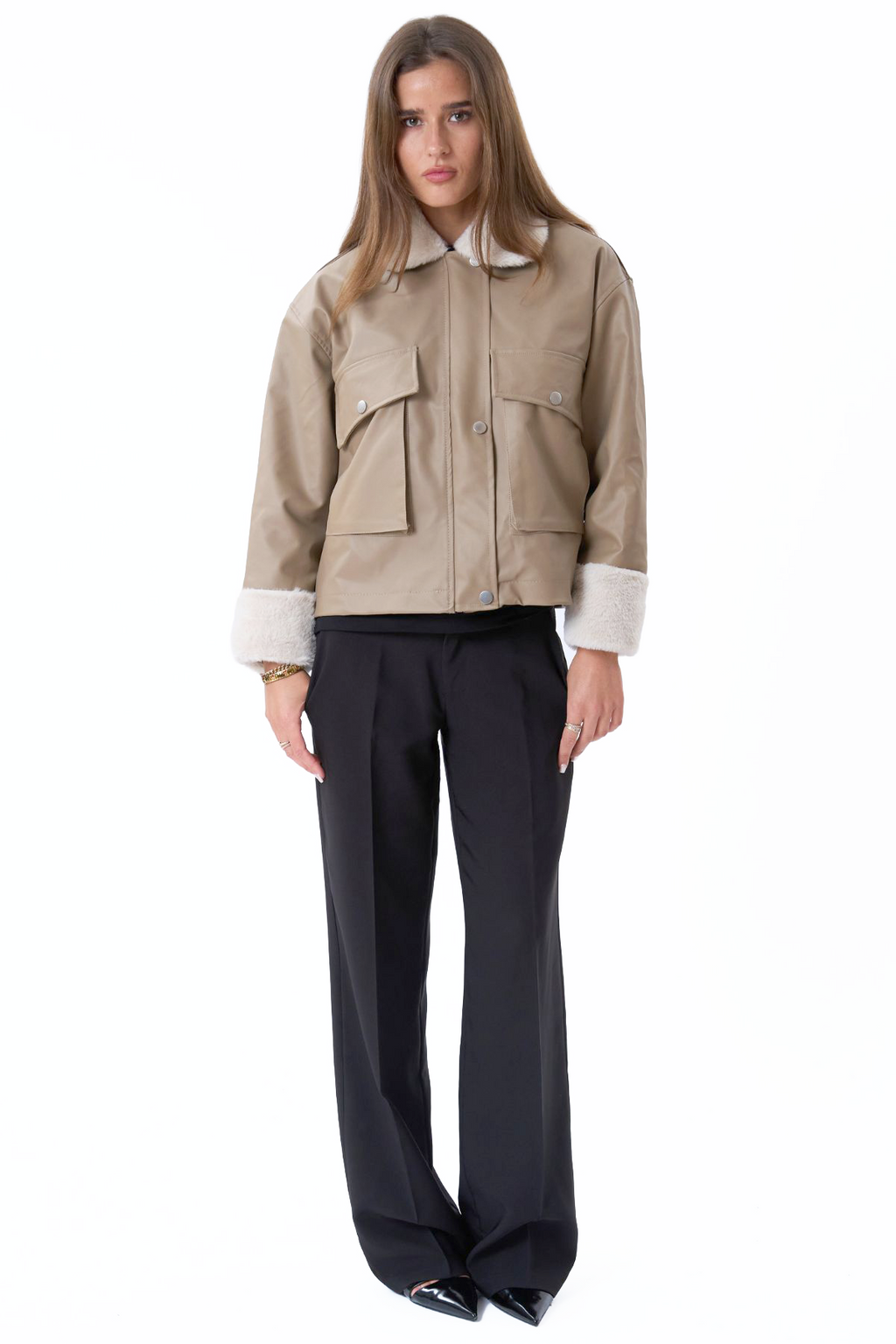 Shearlingjacka i Konstläder - Beige