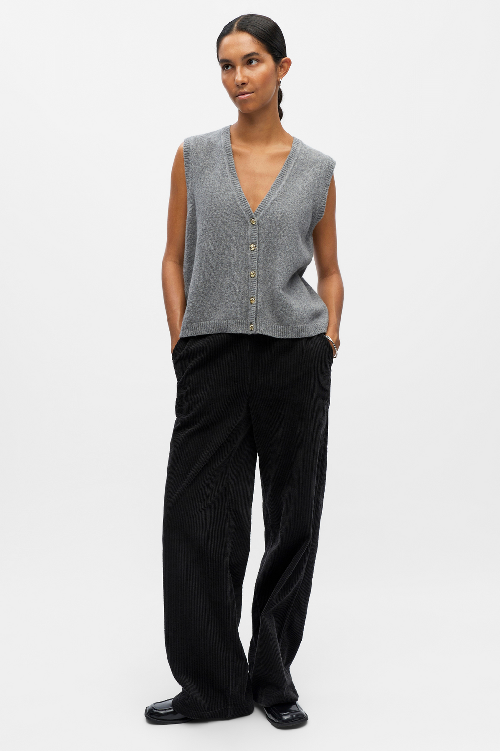 Ivona S/L Stickad Väst - Medium Grå Melange