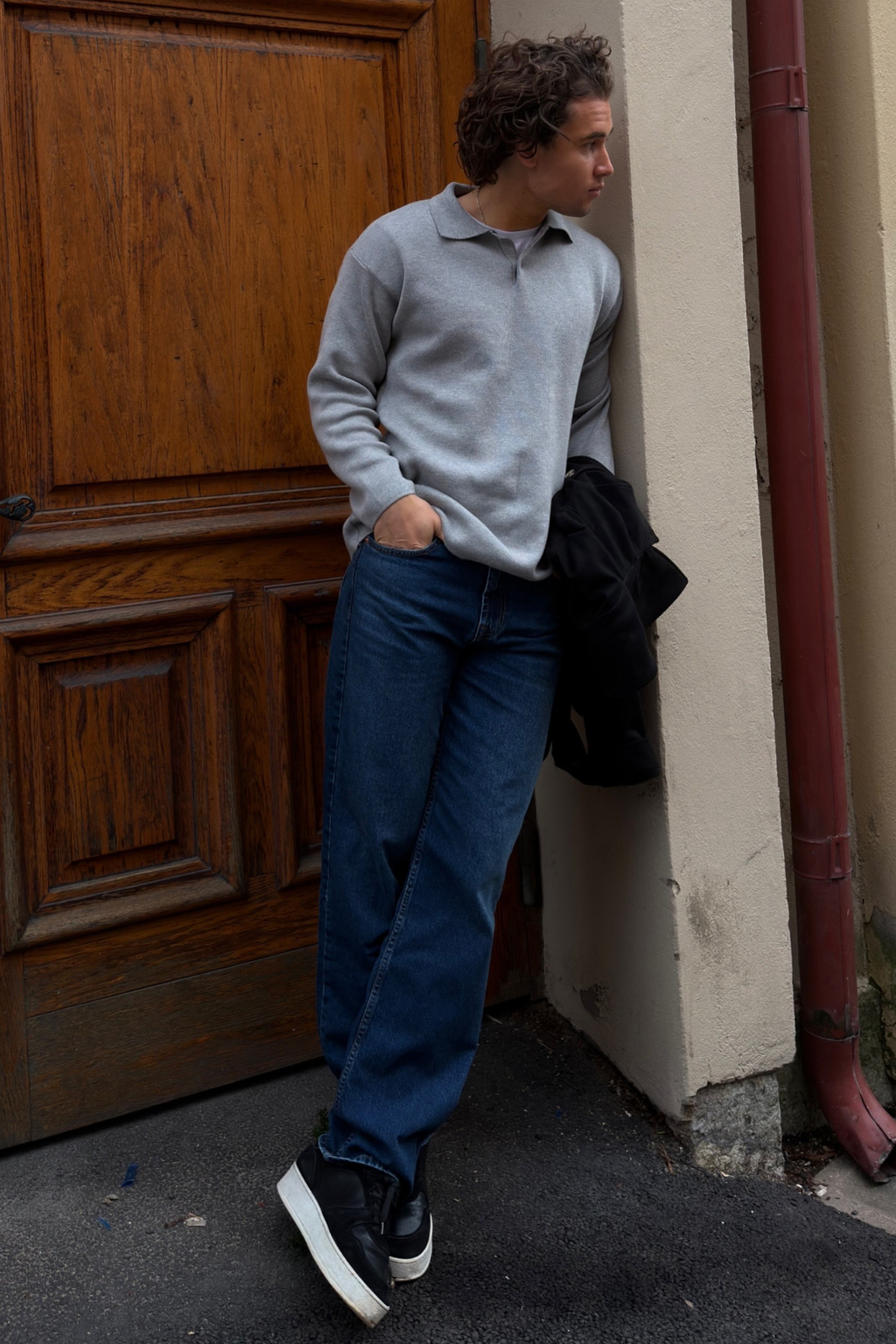 Stickad Långärmad Pikétröja - Grå