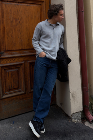 Stickad Långärmad Pikétröja - Grå