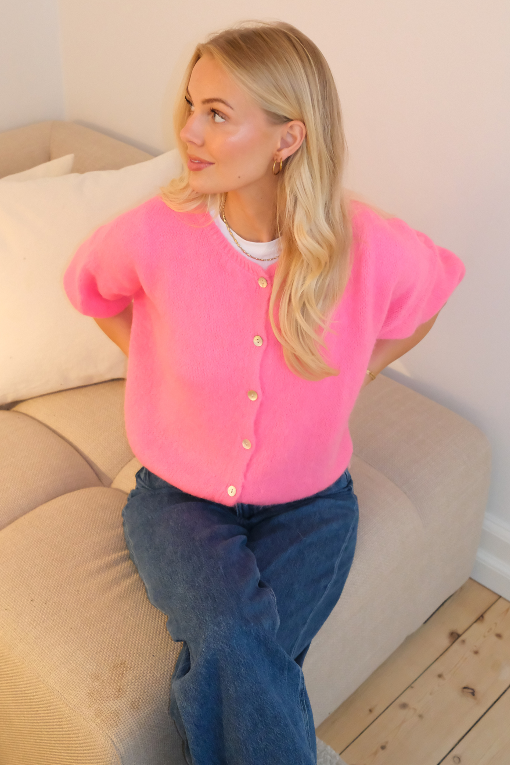 Mary Kortärmad Stickad Tröja - Baby Pink