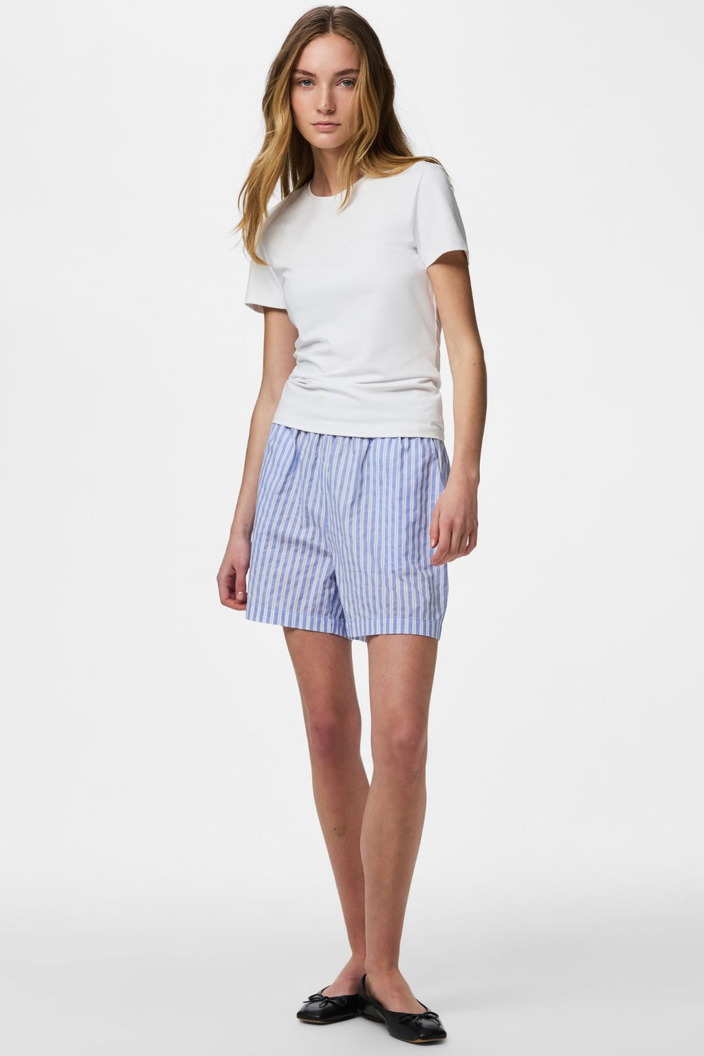 Olly Shorts med hög midja - Hydrangea Stripes-Bright White