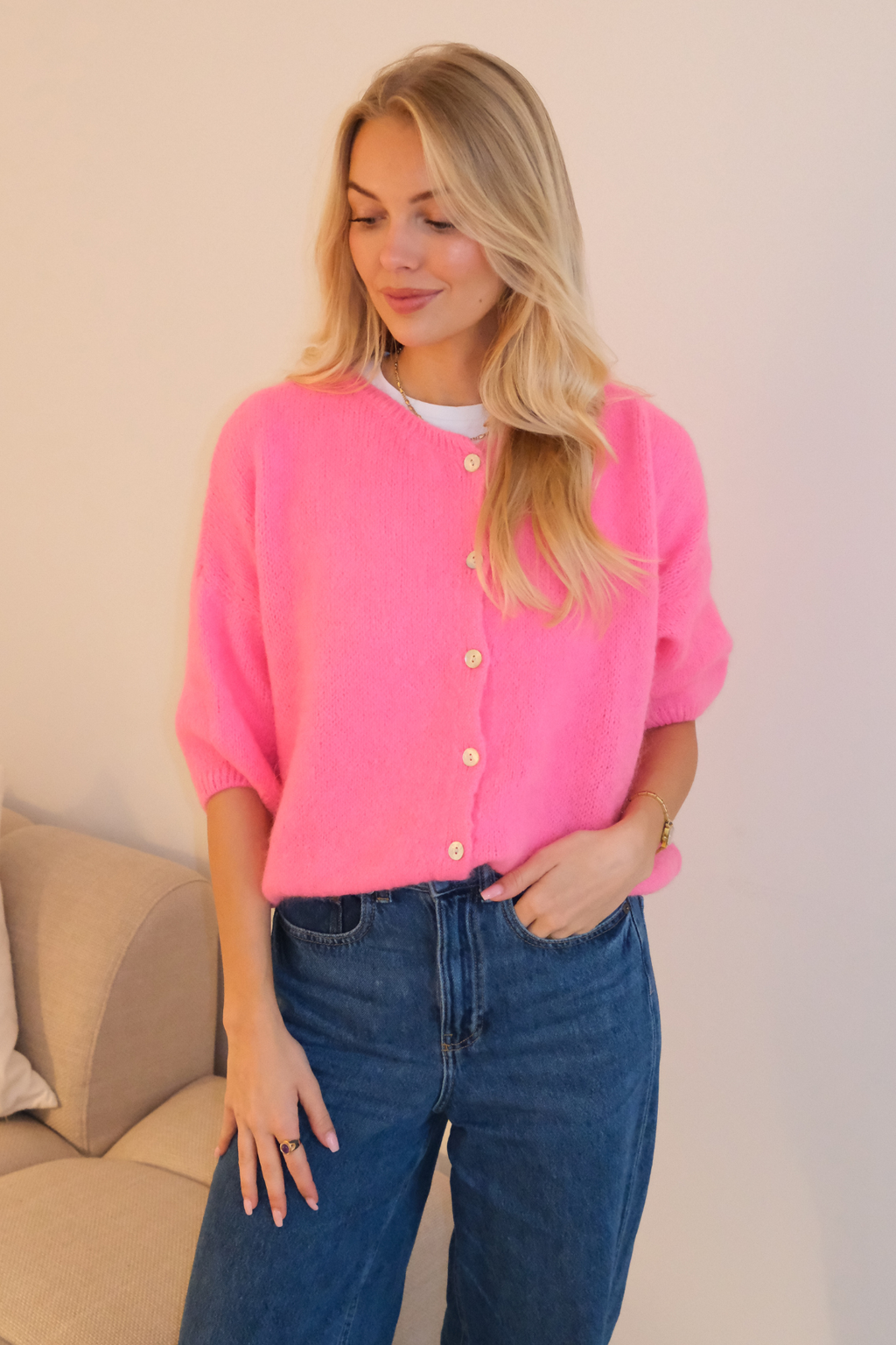 Mary Kortärmad Stickad Tröja - Baby Pink