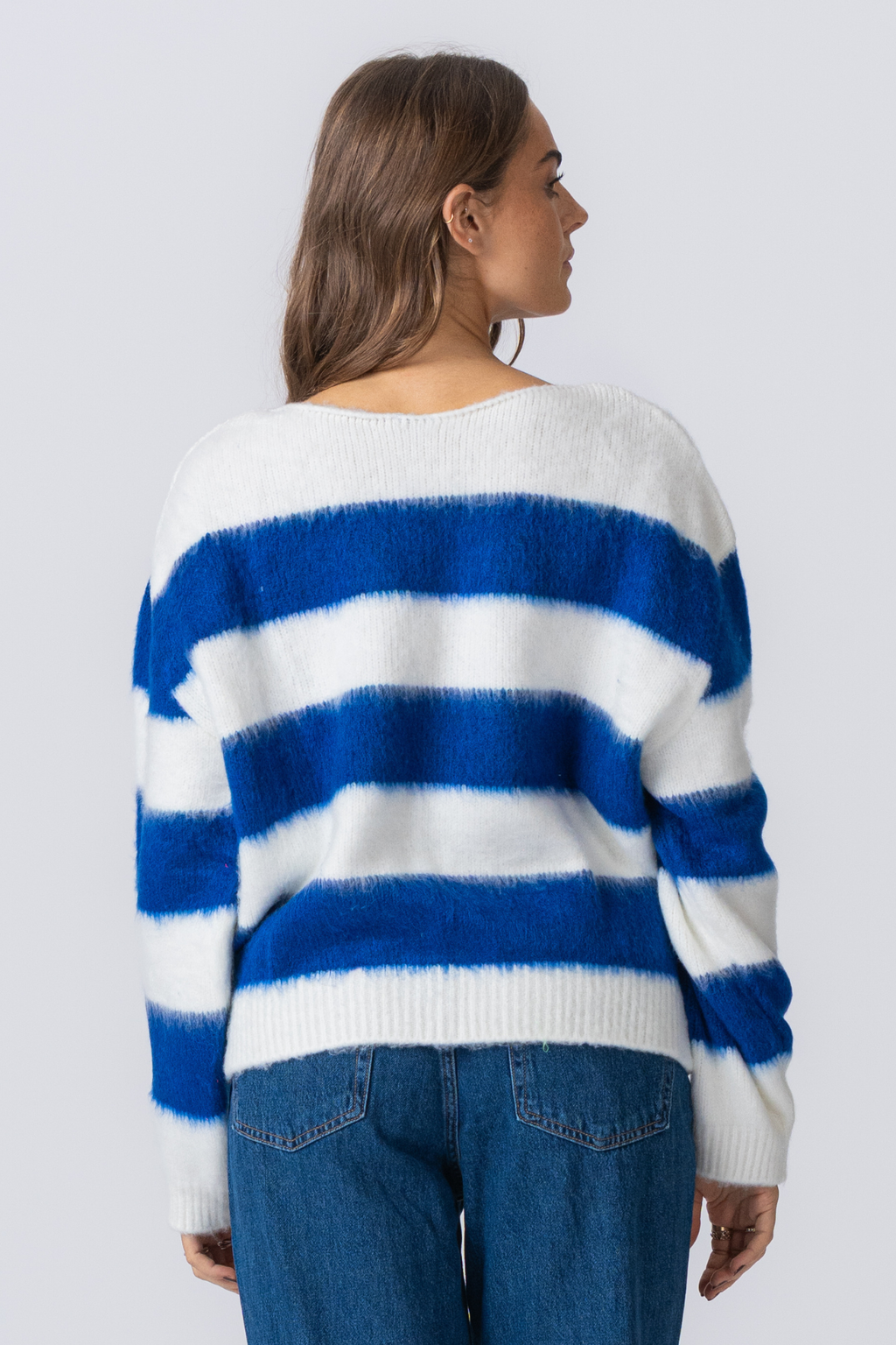 Celina Randig Stickad Tröja - Vit-Navy