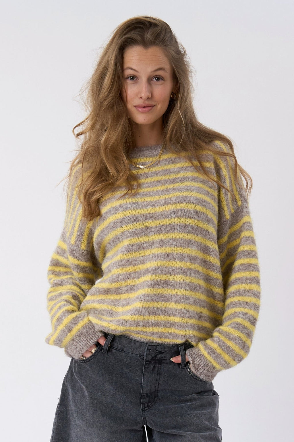 Sienna Randig Stickad Tröja - Beige/Gul