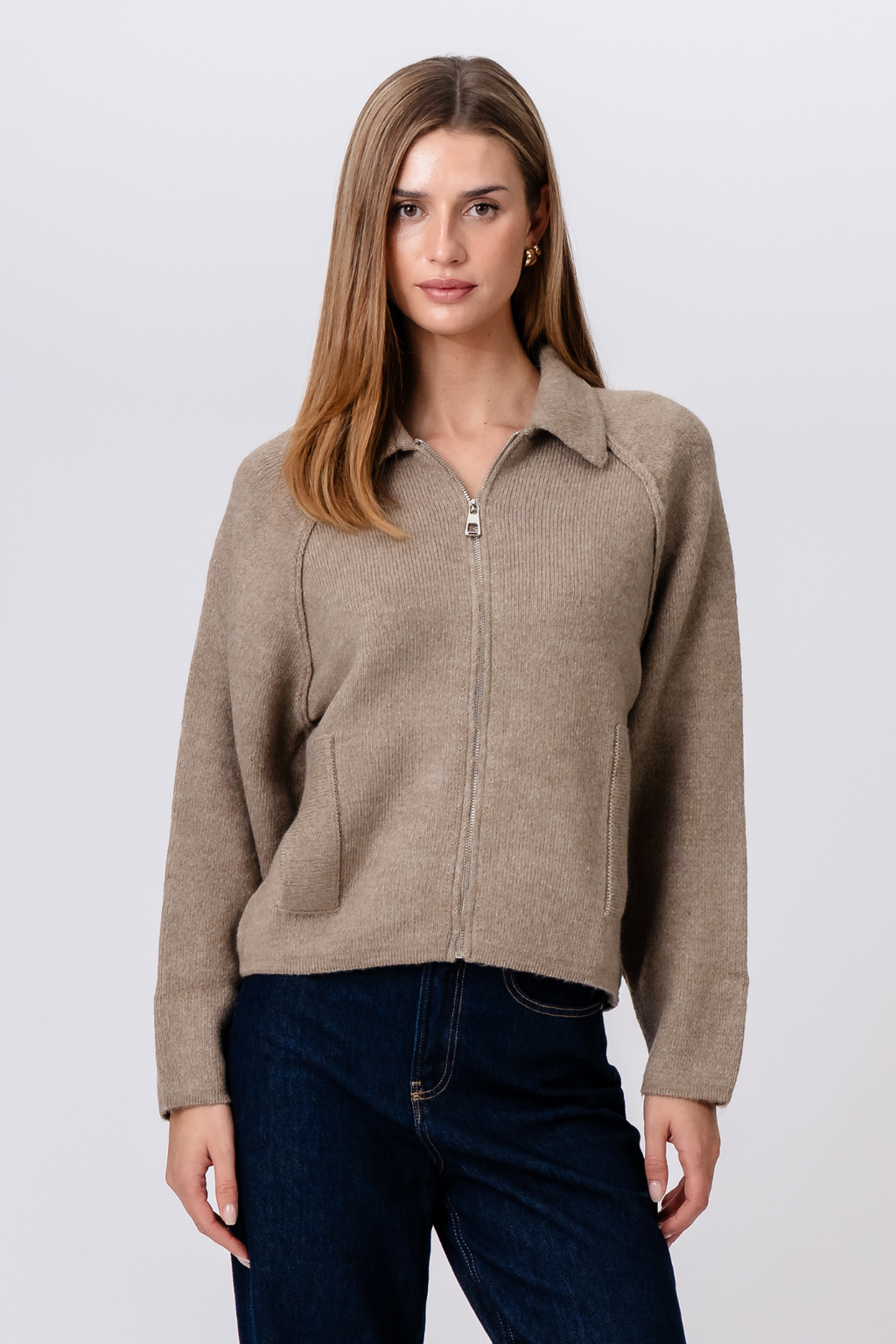 Selma Stickad Tröja med Dragkedja - Beige