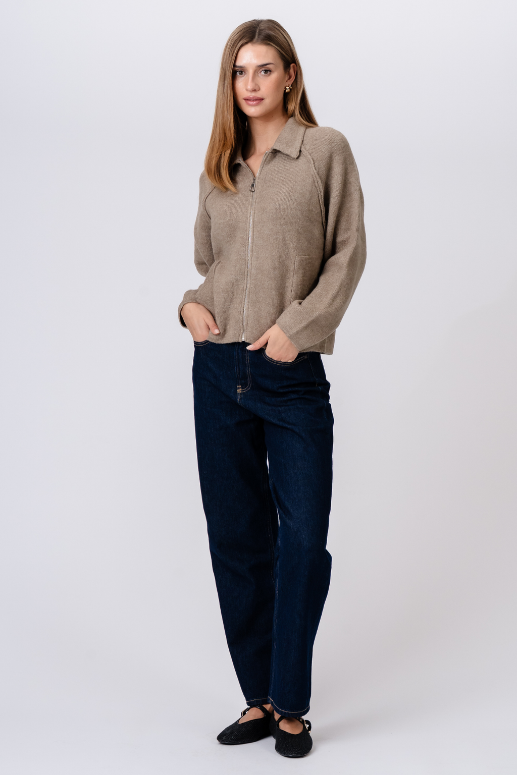 Selma Stickad Tröja med Dragkedja - Beige