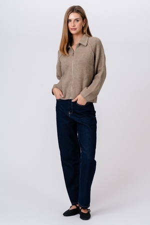 Selma Stickad Tröja med Dragkedja - Beige