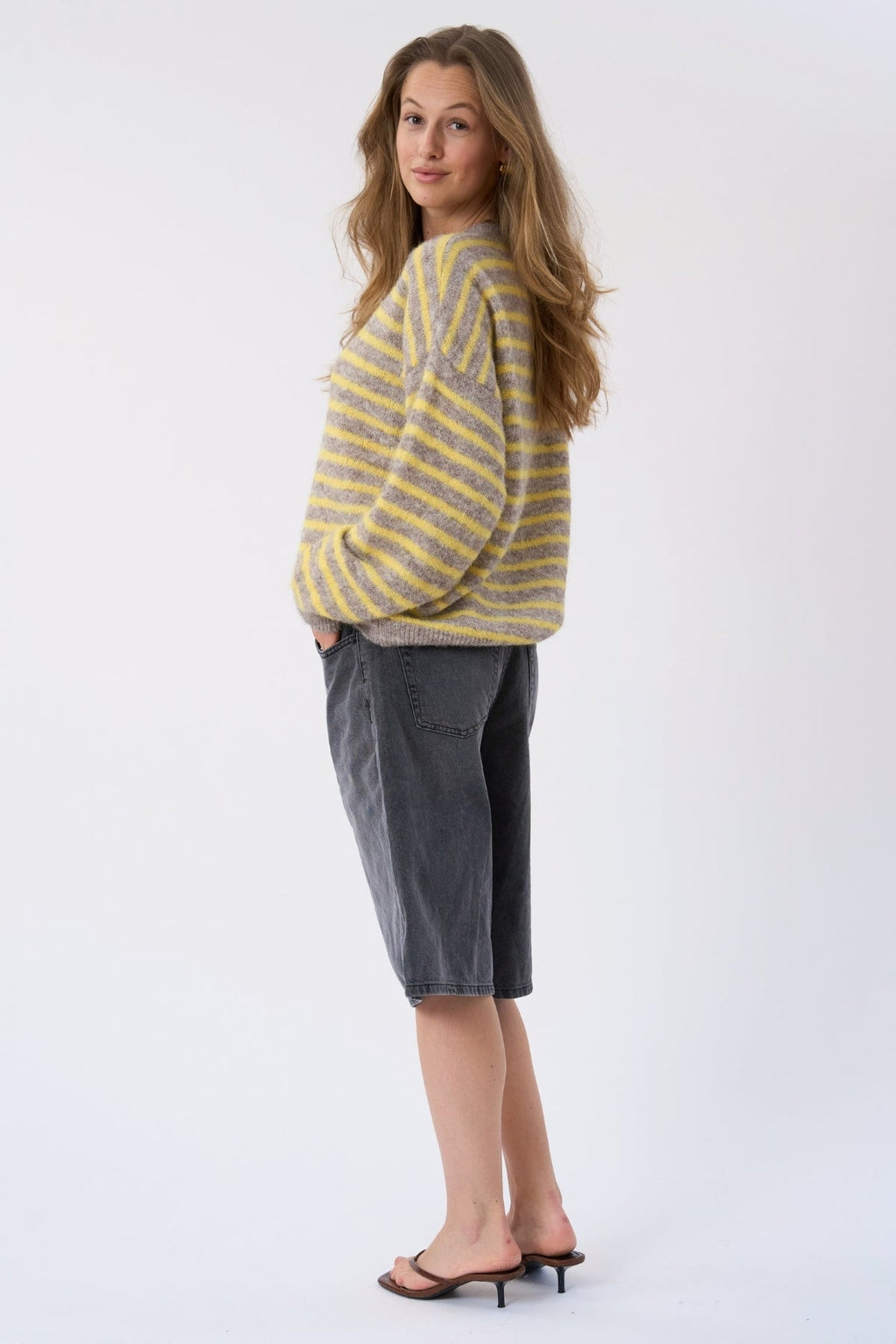 Sienna Randig Stickad Tröja - Beige/Gul