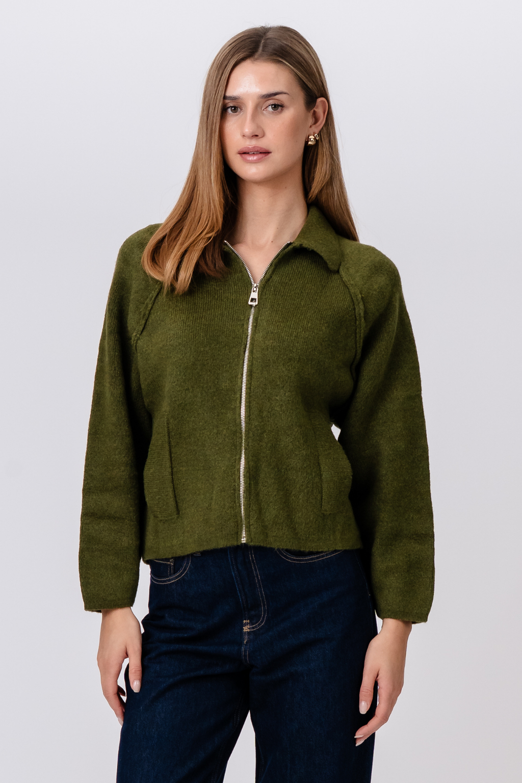 Selma Stickad Tröja med Dragkedja - Khaki