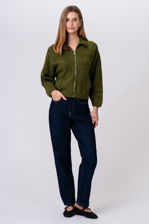 Selma Stickad Tröja med Dragkedja - Khaki