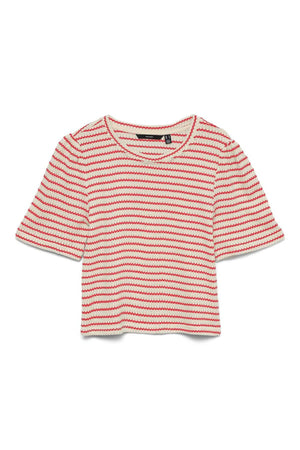 Ohia 2/4 O-Neck Topp - Birch Stripes - Poinsettia