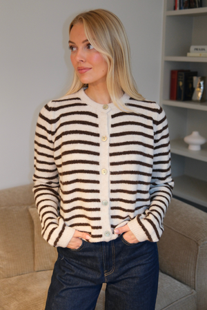 Crizette Randig Stickad Cardigan - Off White/Brun