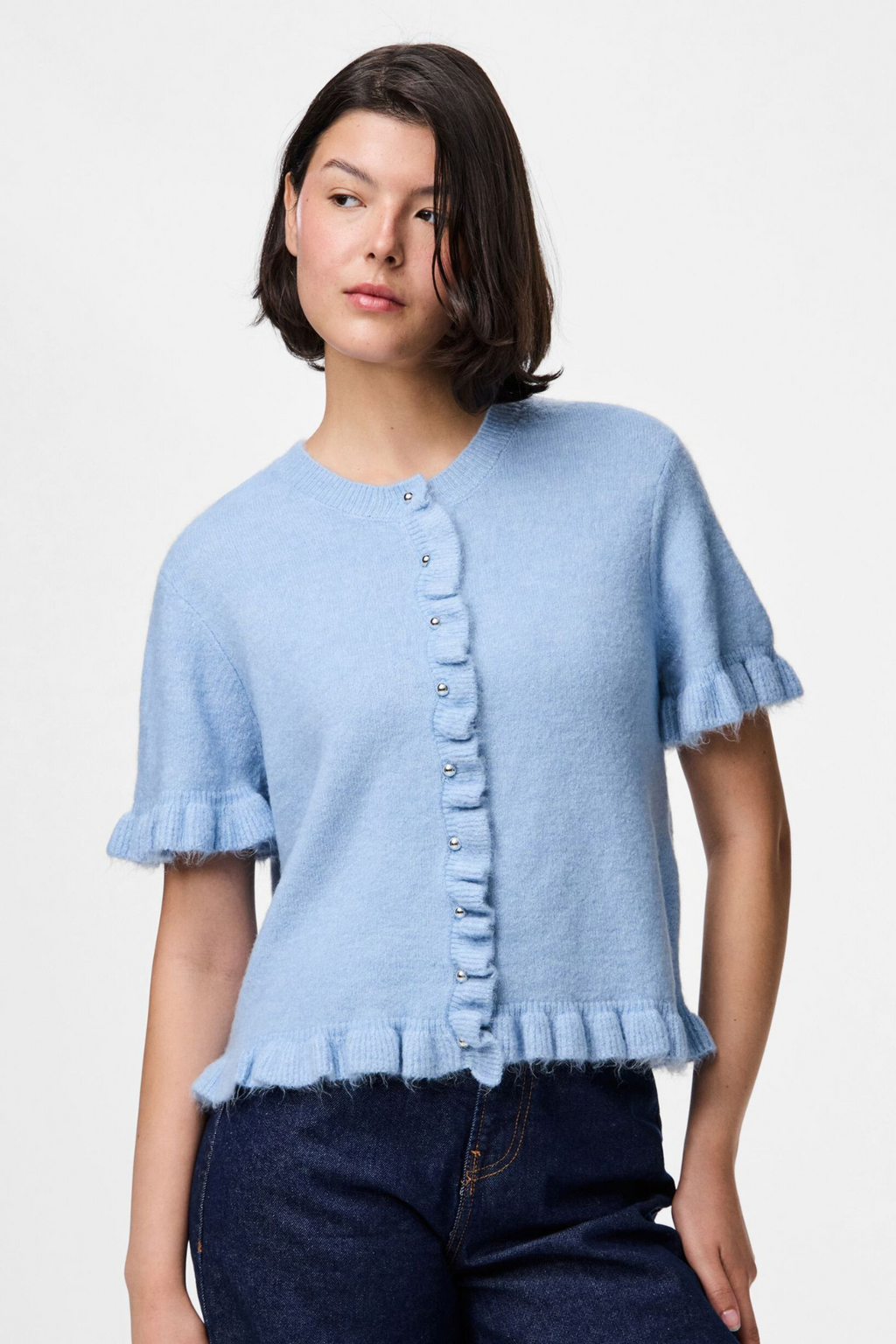 Lydia Volangstickad Kofta - Cashmere Blue