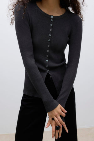 Ukino O-ringad Stickad Kofta - Mörkgrå Melange