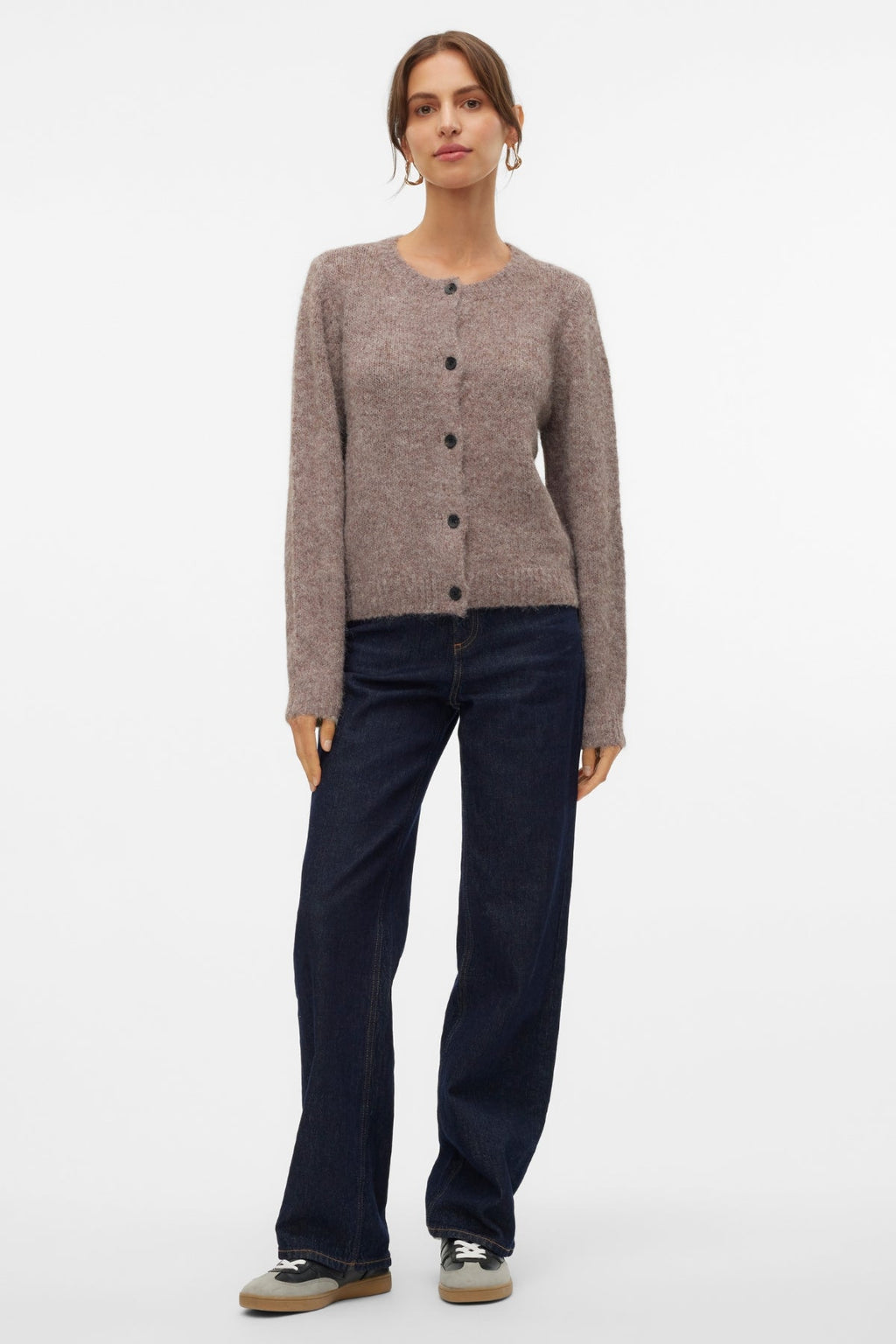 Novah O-Neck Button Cardi - Brown Lentil Melange