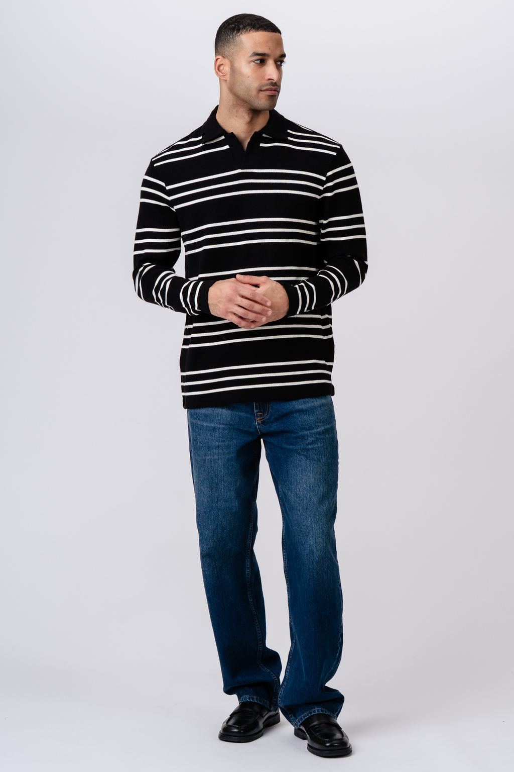 Randig Långärmad Pikétröja - Svart