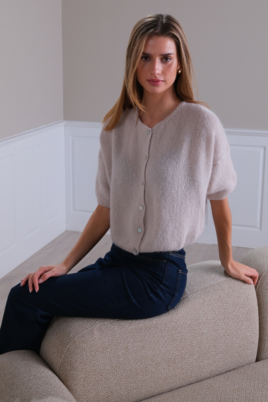 Mary Kortärmad Stickad Tröja - Beige