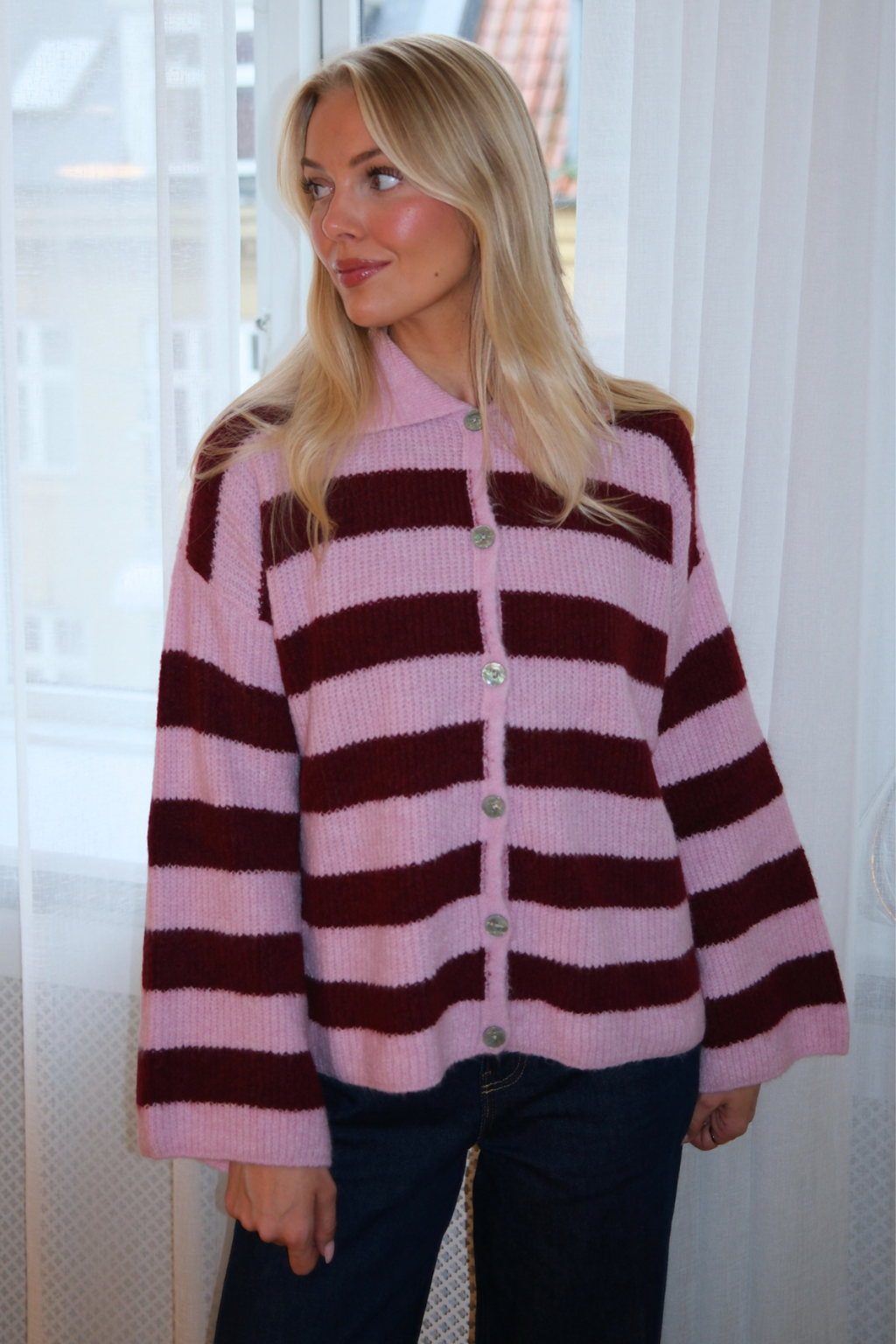 Josie Pikétröja i Stickat - Rosa/Vinröd