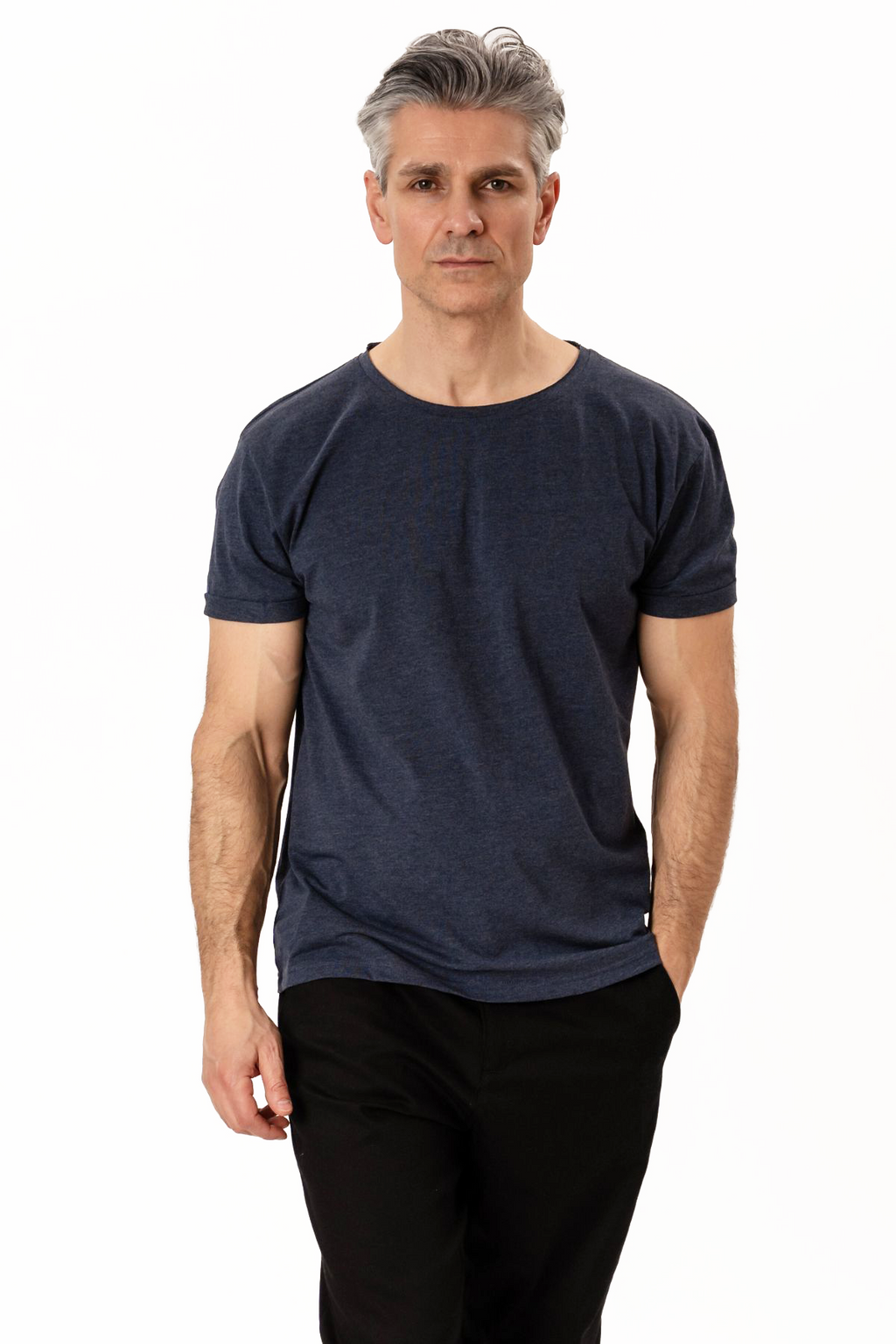 Djup Neck T-shirt - Blåmelerad