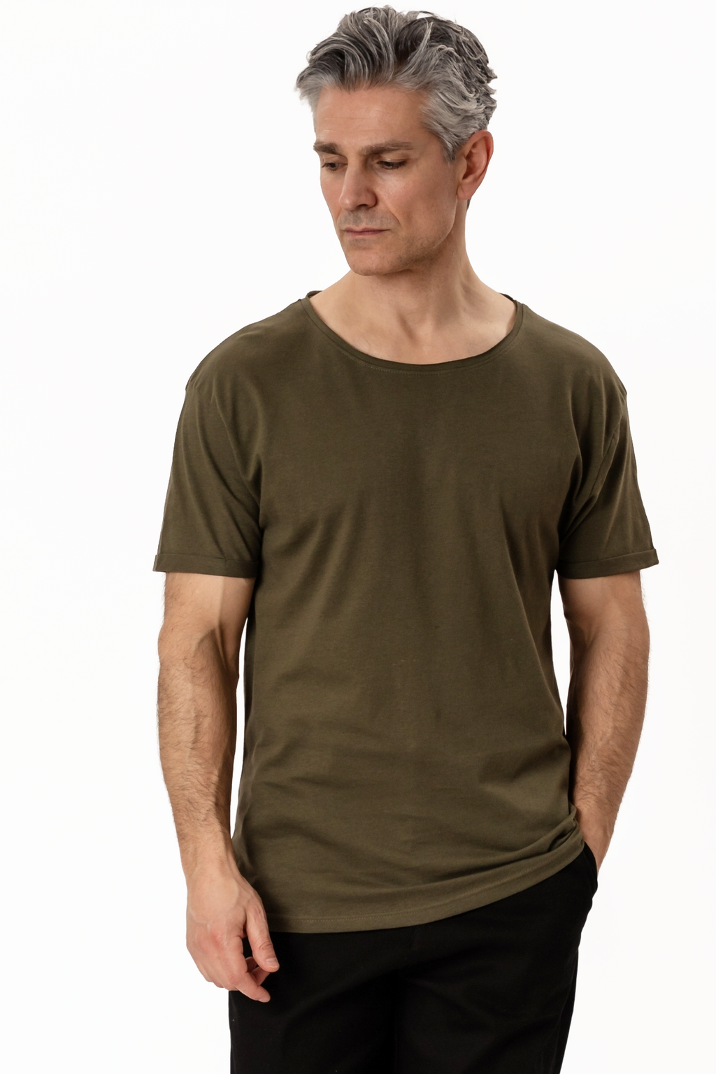 Djup Neck T-shirt - Grönmelerad
