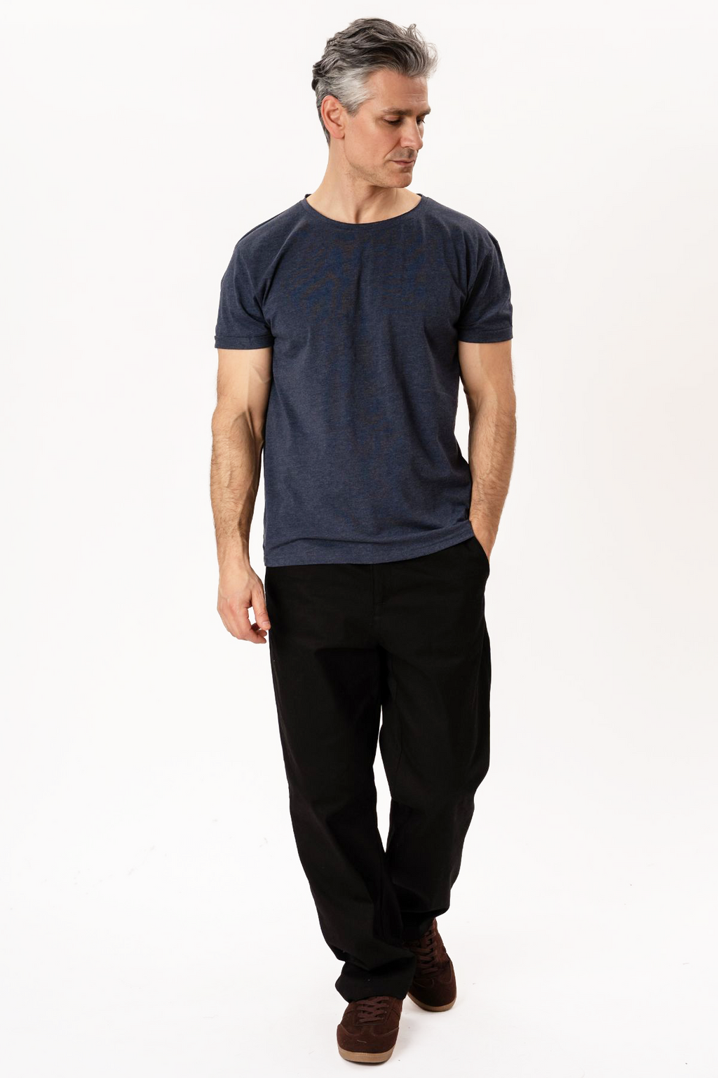 Djup Neck T-shirt - Blåmelerad