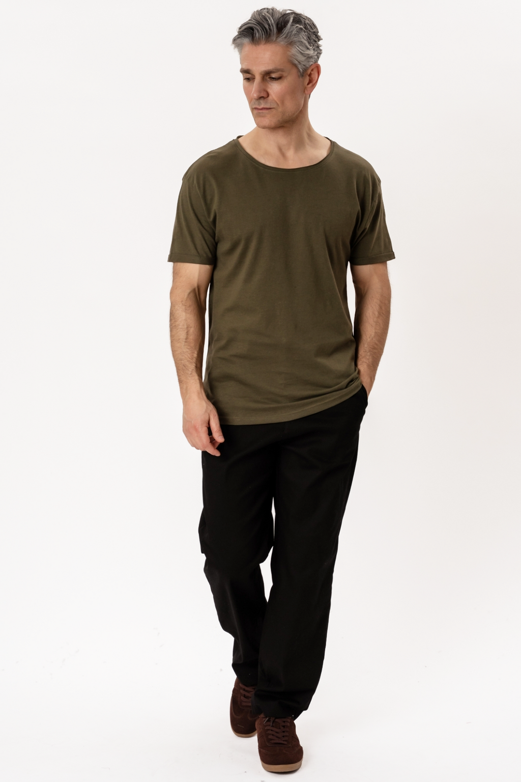 Djup Neck T-shirt - Grönmelerad
