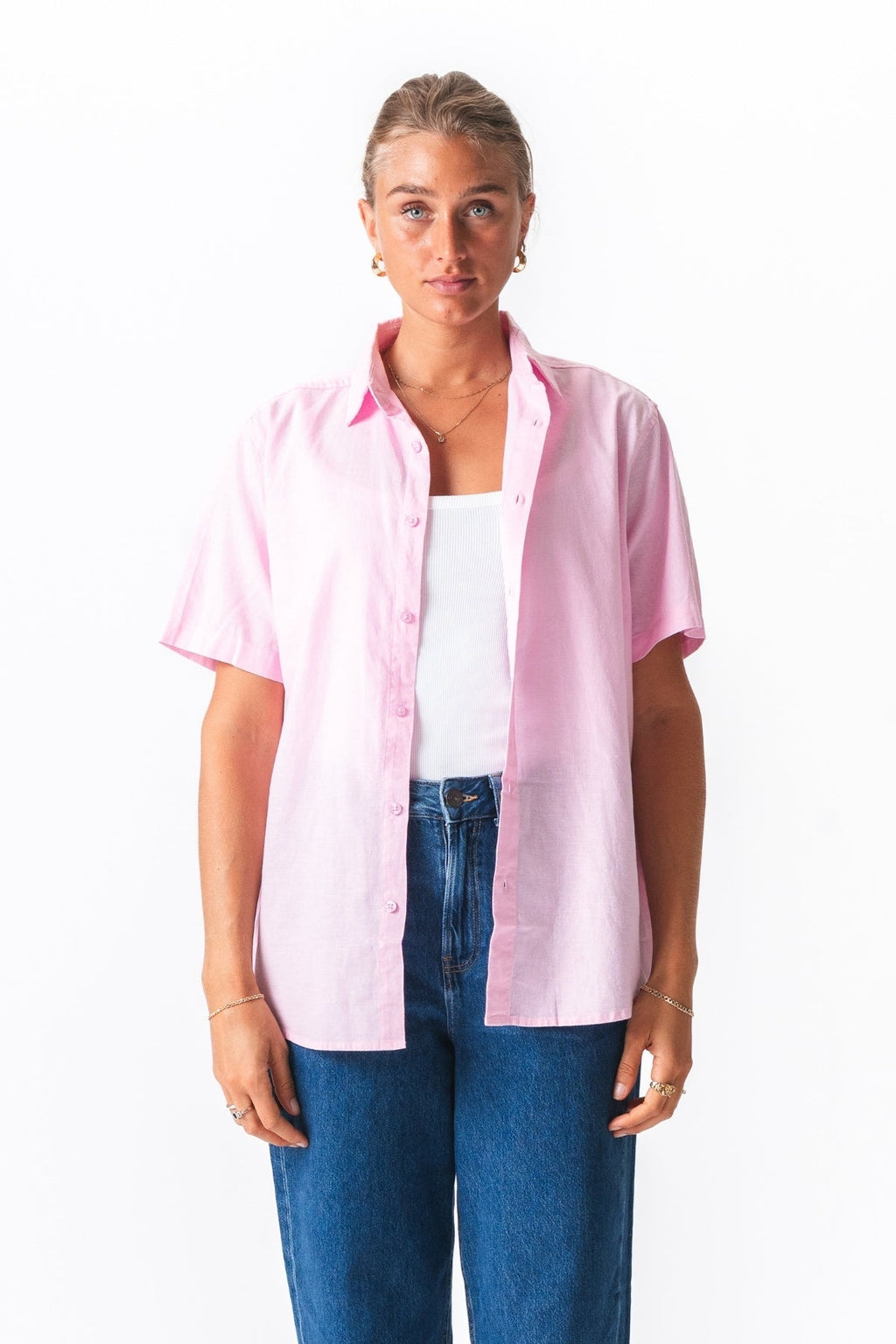 Kortärmad Linneskjorta - Ljusröd