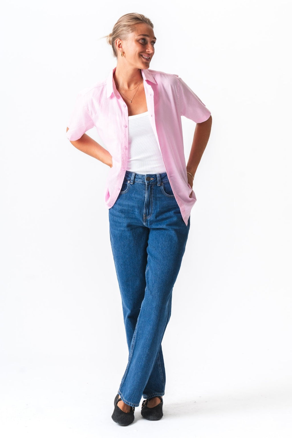 Kortärmad Linneskjorta - Ljusröd