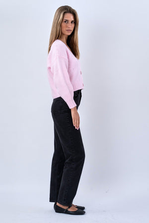 V-ringad Cardigan - Rosa